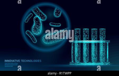 Test tube bacteria 3D low poly render probiotics. Laboratory analysis microorganism. Healthy flora of human body. Modern science technology medicine allergy immunity thearment vector illustration Stock Vector