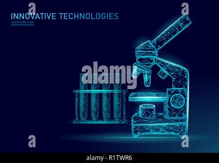 Microscope bacteria 3D low poly render probiotics. Laboratory analysis microorganism. Healthy flora of human body. Modern science technology medicine allergy immunity thearment vector illustration Stock Vector