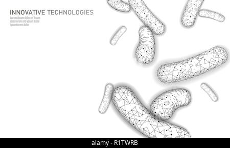 Bacteria 3D low poly render probiotics. Healthy normal digestion flora of human intestine yoghurt production. Modern science technology medicine allergy immunity thearment vector illustration Stock Vector