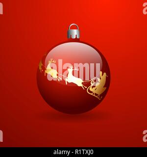Red Christmas ball with golden Santa Claus team. Red white background with a gradient. Three-dimensional ball. Stock Vector