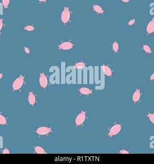 Seamless pattern with pigs in funny poses. Blue background. Stock Vector