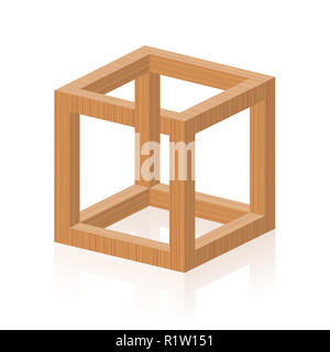 Optical illusion. Impossible or irrational cube, invented by M.C. Escher - wooden textured illustration on white background. Stock Photo