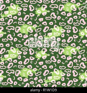 Seamless 80s Retro Style Leopard Print with lime green spots on