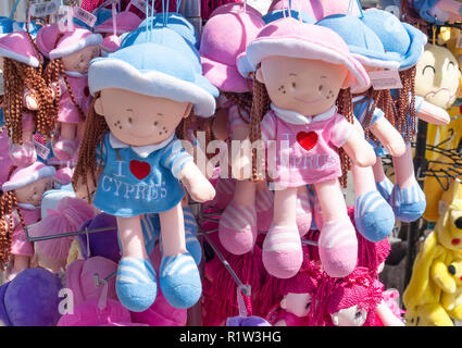 Souvenir soft toys on stand outside Kykkos Monastery, Kykkos, Troodos Mountains, Limassol District, Republic of Cyprus Stock Photo