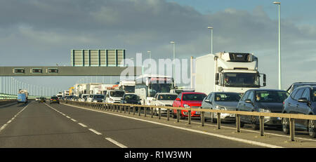 SECOND SEVERN CROSSING, WALES - NOVEMBER 2018: Long queue of traffic eastbound on the M4 motorway on the  Second Severn Crossing, now named The Prince Stock Photo