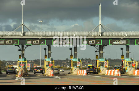 SECOND SEVERN CROSSING, WALES - NOVEMBER 2018: Row of booths on the M4 motorway in Wales to collect the toll charges from drivers using the Second Sev Stock Photo