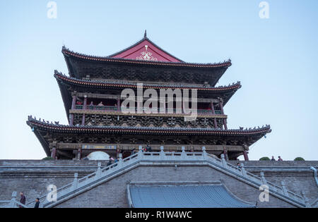 Tourists on the top of the drum tower in Xian, China on smoggy day Stock Photo