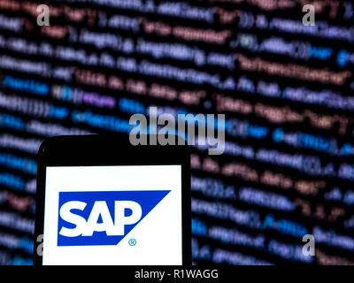 SAP SE Software company logo seen displayed on smart phone. Stock Photo