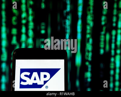 SAP SE Software company logo seen displayed on smart phone. Stock Photo