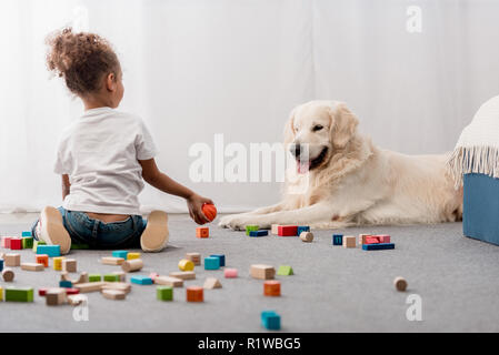 little kid in white t-shirts with happy dog playing with toy cubes Stock Photo