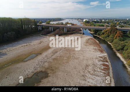 Low water Rhine arm between Bendorf and the island Graswerth, drone shot, Bendorf, Rhineland-Palatinate, Germany Stock Photo