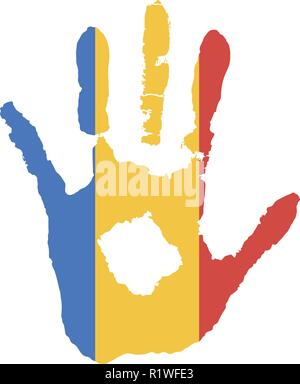 blue, yellow, red color of the flag. vector handprint in the form of the flag of Roumanie. Stock Vector
