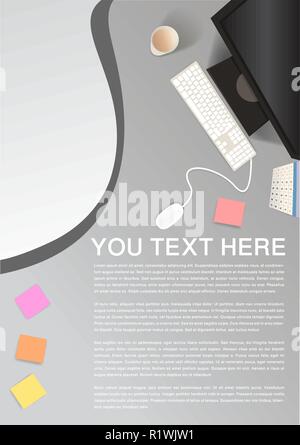Workplace with computer, memo, mouse and surface to text . Clean realistic illustration for flayer A4. Stock Vector
