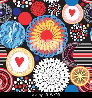 Bright seamless pattern of different round elements on a dark background. Stock Vector