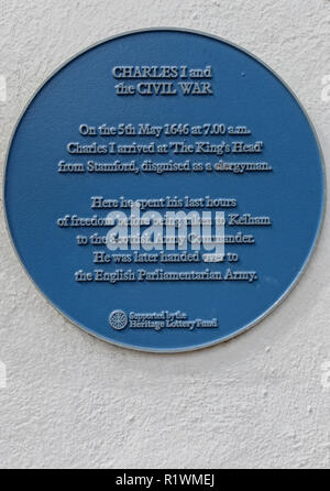 Blue plaque on the wall of The Saracens Head hotel Southwell, commemorating The English Civil war and Charles I. Nottinghamshire England, UK Stock Photo