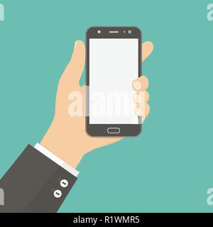 Hand holding smartphone. Flat vector illustration. Stock Vector