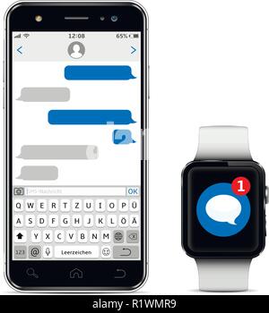 Smart watch and mobile phone with Germany alphabet keyboard Stock Vector