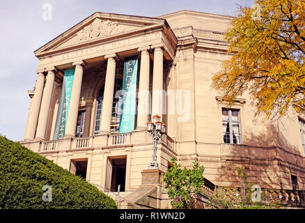 Severance Hall, home of the Cleveland Orchestra, in Cleveland, Ohio, USA with its classical exterior is complemented by the fall colored foliage. Stock Photo