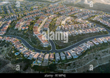 Aerial of Porter Ranch view homes in the San Fernando Valley area of Los Angeles, California. Stock Photo