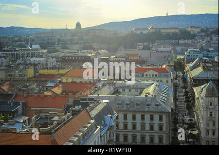 Sunset over Budapest cityscape, aerial view of architecture, Hungary Stock Photo