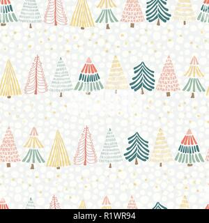 Modern Christmas tree seamless vector design. Hand drawn christmas trees in a row and stars on a gray background. Seamless background. Great for christmas - Perfect for holiday cards, wrapping paper Stock Vector