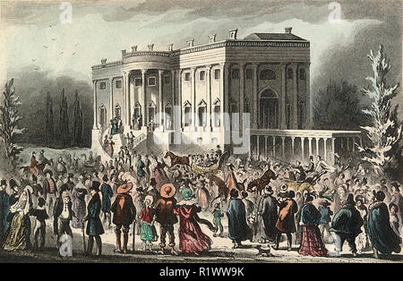 President's Levee, or all Creation going to the White House: View of crowd in front of the White House during President Jackson's first inaugural reception in 1829. The furnishings of the White House were destroyed by the rowdy crowd during the inaugural festivities. Stock Photo