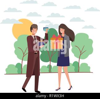 couple with gift box and coin purse in landscape Stock Vector