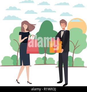 couple with shopping bag and gift box in landscape Stock Vector