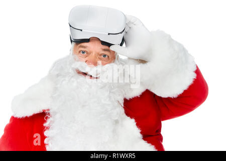 happy bearded santa claus with vr headset isolated on white Stock Photo