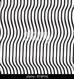 Vertical irregular wavy lines black and white. Vector seamless pattern. Optical Illusion. Perfect for backgrounds. Stock Vector
