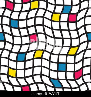 Plaids irregular handdrawn. Vector seamless pattern. Black grid with yellow, blue, and pinkish red colored squares. Optical Illusion. Stock Vector