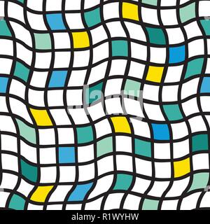 Irregular handdrawn plaids. Vector seamless pattern. Black grid with yellow, blue, green, and lime colored squares. Optical Illusion. Stock Vector