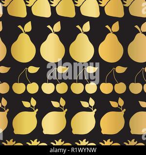 Gold foil fruits seamless vector pattern. Golden shiny strawberry, pear, cherry, lemon in rows on black background. Elegant, luxurious food print for paper, packaging, web banners, home decor, menu Stock Vector