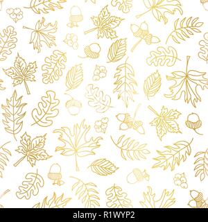 Gold foil autumn leaves seamless vector background. Golden abstract fall leaf shapes on white background. Elegant, luxurious pattern for scrap booking Stock Vector