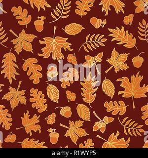 Acorn, oak, maple Gold foil autumn leaves seamless vector background. Golden and orange abstract fall leaf shapes on red background. Elegant pattern f Stock Vector