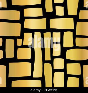Gold foil Rectangle shapes hand drawn abstract seamless vector pattern. Metallic shiny blocks on black background. Hand drawn background for Christmas, page fill, digital paper, packaging, celebration Stock Vector