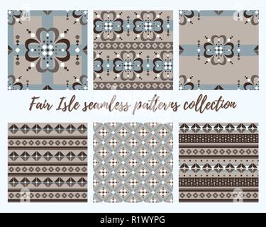 Fair Isle style brown beige blue white vector seamless abstract pattern collection Stock Vector