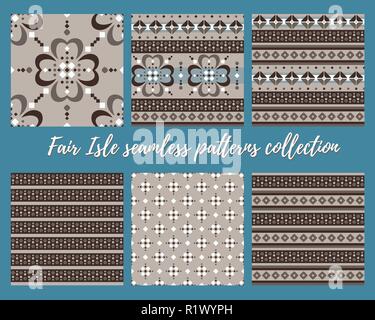 Fair Isle style brown white beige blue vector seamless abstract pattern set Stock Vector