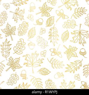 Gold foil autumn leaves seamless vector background. Golden abstract fall leaf shapes on white background. Elegant, luxurious pattern for scrap booking, banner, packaging, wedding, party, invitation Stock Vector