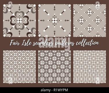 Fair Isle style brown beige blue white vector seamless abstract pattern set Stock Vector