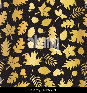 Gold foil autumn leaf silhouettes seamless vector background. Golden shiny abstract fall leaves shapes on black background. Elegant pattern for digital paper, Thanksgiving card, party invitation Stock Vector