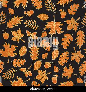 Thanksgiving Gold foil autumn leaves seamless vector background. Golden and orange abstract fall leaf shapes on black background. Elegant pattern for digital paper, banner, wrapping, party, invitation Stock Vector