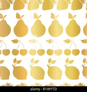 Gold foil fruits seamless vector pattern. Golden shiny strawberry, pear, cherry, lemon in rows on white background. Elegant, luxurious food print for paper, packaging, web banners, home decor, menu Stock Vector