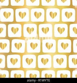 Gold foil heart shape seamless vector pattern. White squares with heart on golden background. Elegant for web banner, blog, digital paper, gift wrap, Christmas, Valentines, invite, wedding, birthday Stock Vector