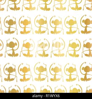 Gold foil Monkey silhouettes on white seamless pattern background. Meditating monkeys. Great for kids market, kids decor, birthday, fabric design, wallpaper, scrap booking. Vector surface pattern. Stock Vector
