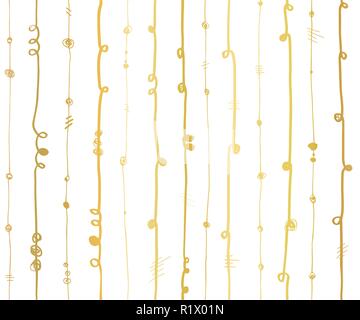 Gold foil abstract vertical lines seamless vector pattern. Golden wavy vertical stripes with twirl elements on white background. Elegant design for wallpaper, scrap booking, banners, wedding, party Stock Vector