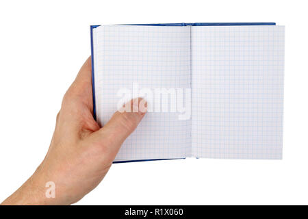An old man holds in his hand an open notebook with empty checked pages. Isolated on white studio macro shot Stock Photo