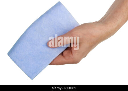 Elderly man holds in his hand a rag blue cloth to remove dust. Isolated on white studio macro shot Stock Photo