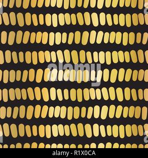 Gold foil horizontal stripes seamless vector pattern. Vertical shiny metallic strokes in horizontal lines on black background. Elegant design for page fill, New Year, party invitation, celebrations Stock Vector