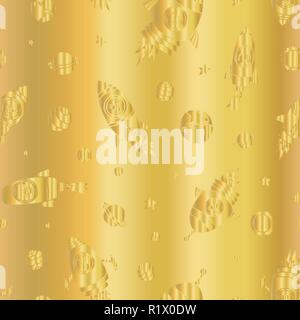 Gold foil space rocket seamless vector pattern background. Golden embossed cosmic elements, rocket ships, planets, stars on gold backdrop. Great for children, school supplies, kids gift wrap, birthday Stock Vector